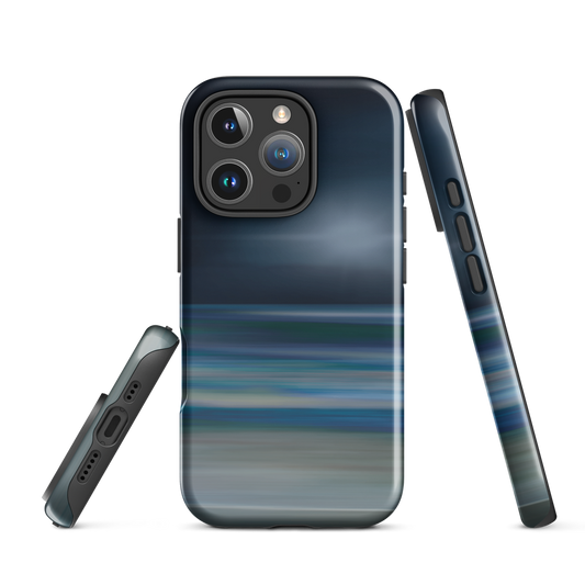 Dark abstract phone case with blue and grey streaks and glossy finish.
