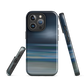 Dark abstract phone case with blue and grey streaks and glossy finish.