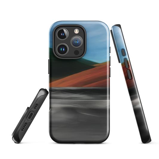 Phone case with abstract red, green, and blue heat wave landscape design.
