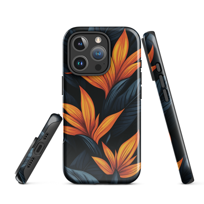 Phone case with bold orange bird of paradise flowers on dark background.