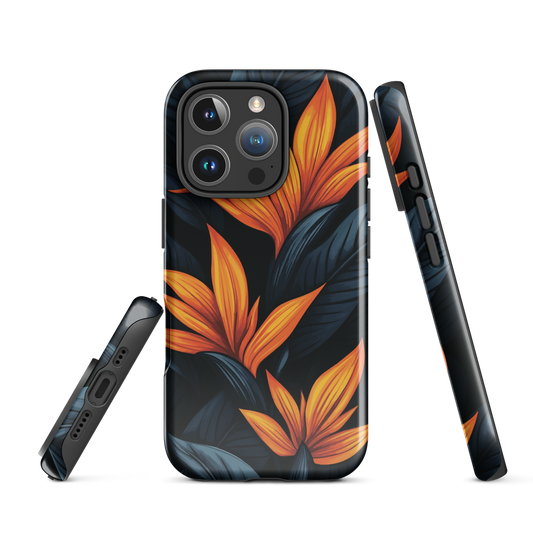 Phone case with bold orange bird of paradise flowers on dark background.