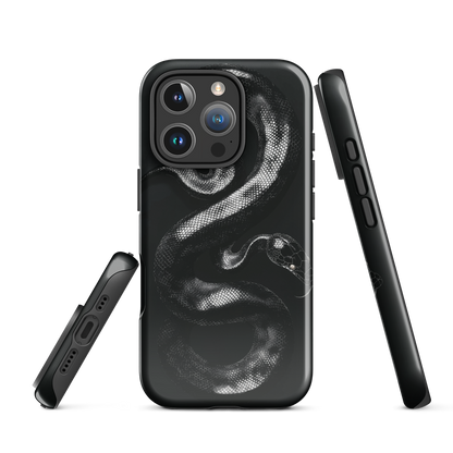 Phone case with detailed black python design on dark background.
