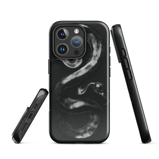 Phone case with detailed black python design on dark background.