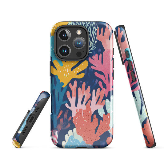 Colourful coral reef phone case design in pink, blue and yellow by NZ artist Ben Hart
