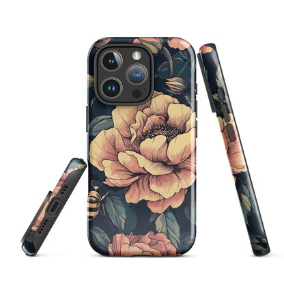 Phone case with vintage-style pink roses and bees on dark background, floral New Zealand artwork.
