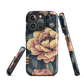 Phone case with vintage-style pink roses and bees on dark background, floral New Zealand artwork.