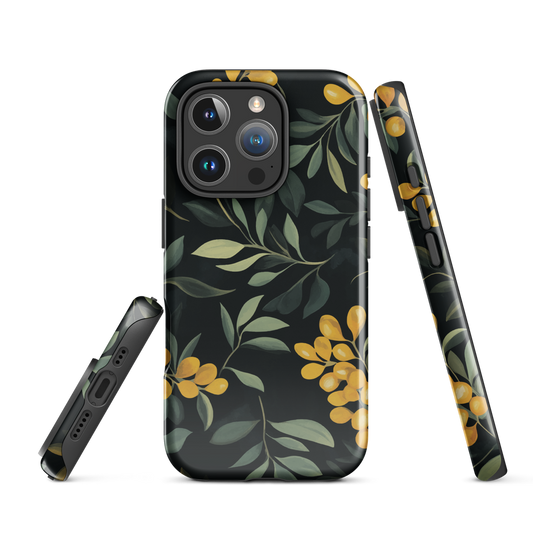 NZ Kowhai phone case with native yellow floral and green leaves on black background by designer Ben Hart.