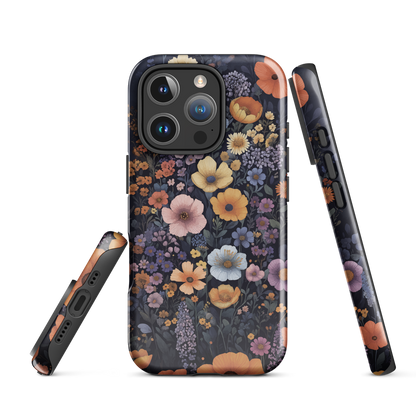 Phone case with colourful wildflowers on dark background, floral art design