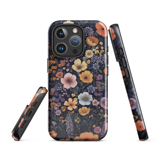 Phone case with colourful wildflowers on dark background, floral art design