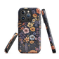 Phone case with colourful wildflowers on dark background, floral art design