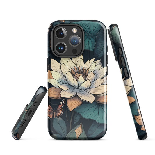 Phone case with ivory water lily, green leaves, and butterfly accents on dark background
