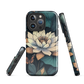 Phone case with ivory water lily, green leaves, and butterfly accents on dark background