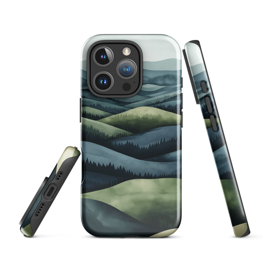 Phone case with layered mountain and forest landscape in blue and green hues