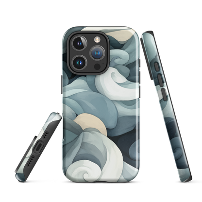 Phone case with abstract swirling ocean waves in blue and cream