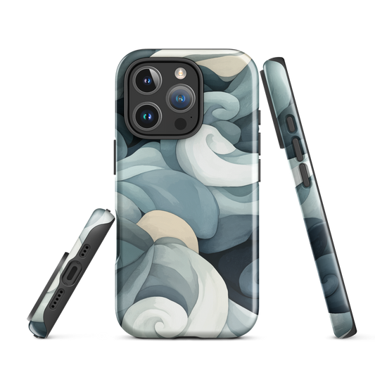 Phone case with abstract swirling ocean waves in blue and cream
