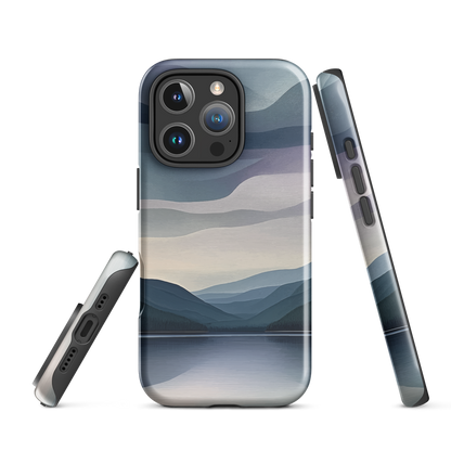 Phone case with moody blue and purple layered mountain and lake landscape artwork