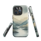 Phone case with soft mountain and valley design in misty green, blue, and golden tones