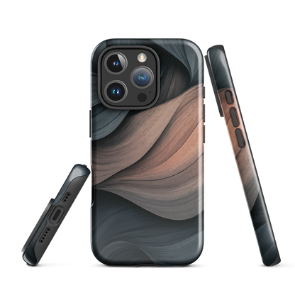 Phone case with flowing abstract design in black, copper and charcoal tones, inspired by dusk shadows