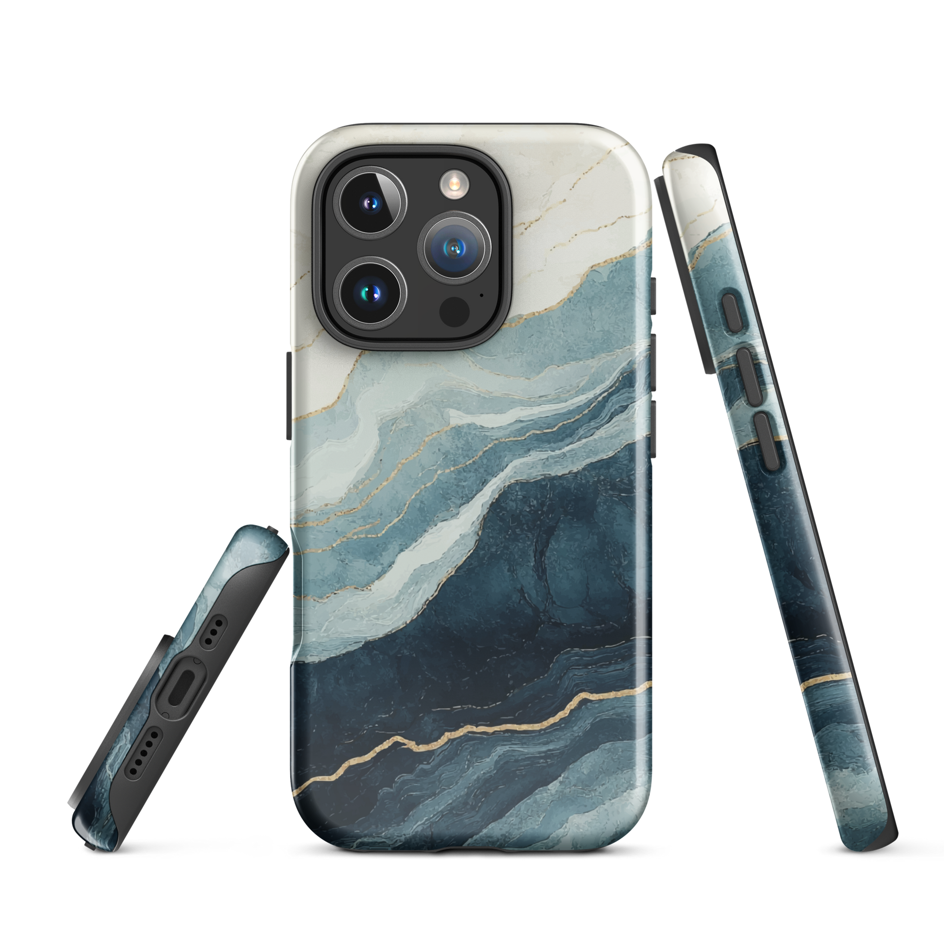 An elegant abstract phone case inspired by layered coastal forms in blue and teal tones.