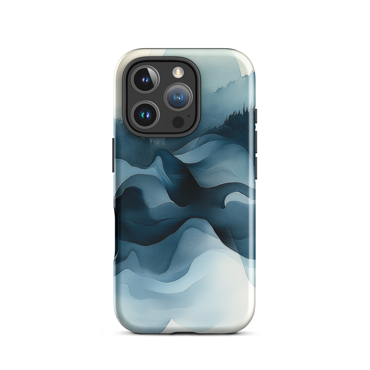 A calming abstract landscape protective phone case inspired by quiet valleys and soft blue tones.