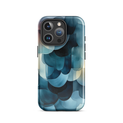 A modern abstract phone case featuring layered blue forms and soft flowing shapes.