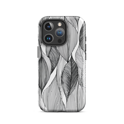 A minimalist phone case featuring fine black botanical linework in a repeating leaf pattern.
