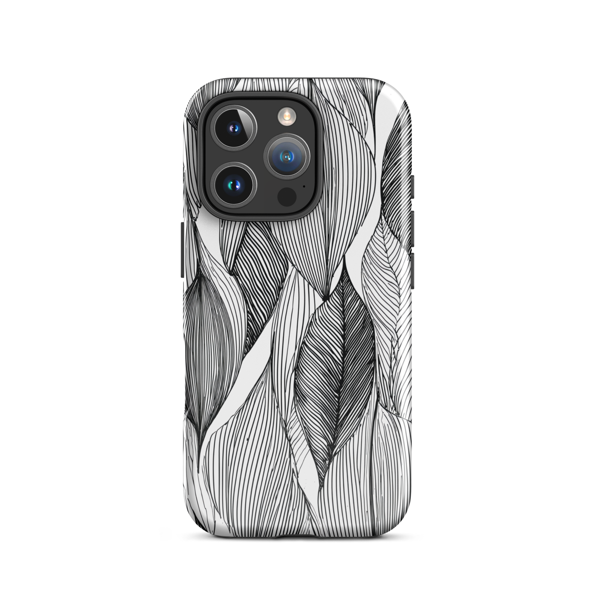 A minimalist phone case featuring fine black botanical linework in a repeating leaf pattern.