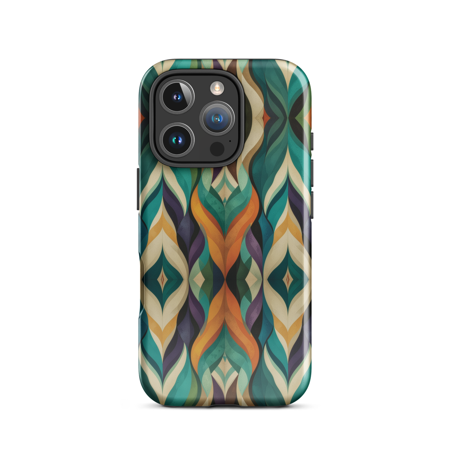 A bold geometric phone case featuring layered shapes in rich, earthy tones.