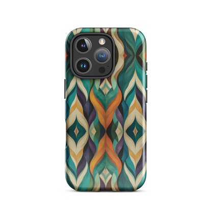 A bold geometric phone case featuring layered shapes in rich, earthy tones.