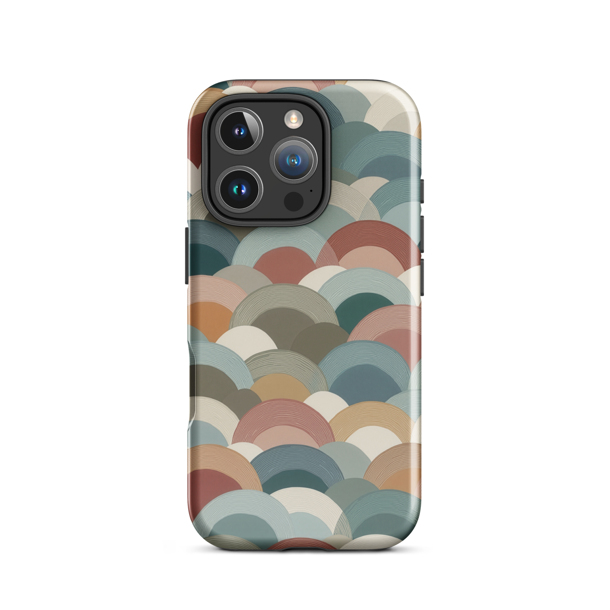 A soft retro-inspired phone case featuring layered arc shapes in warm, earthy tones.