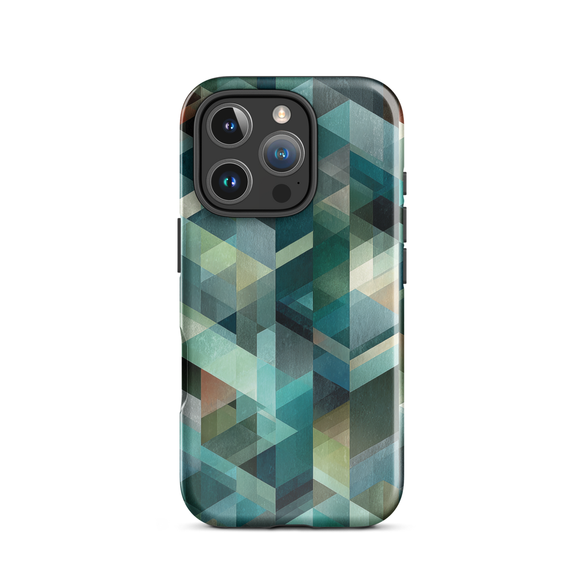 Modern abstract geometric phone case in teal and blue tones with layered retro-inspired shapes.