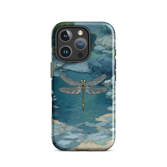 Nature-inspired phone case featuring a dragonfly over calm water with blue and green forest tones.