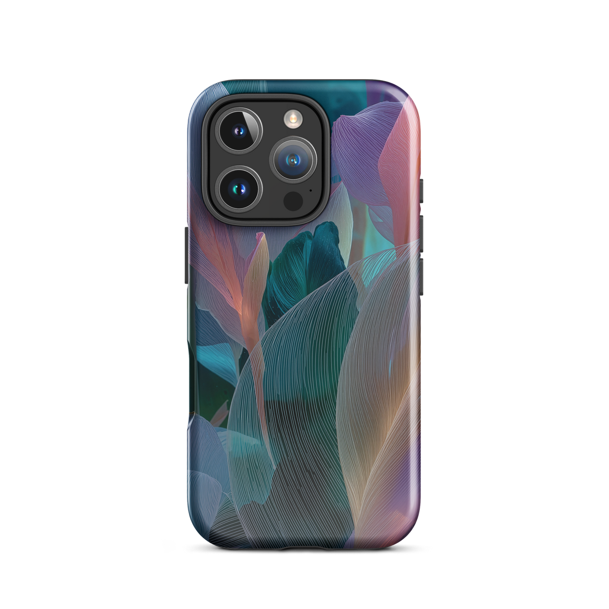 Abstract pastel botanical designer phone case in pink, lilac and teal tones with soft flowing floral textures