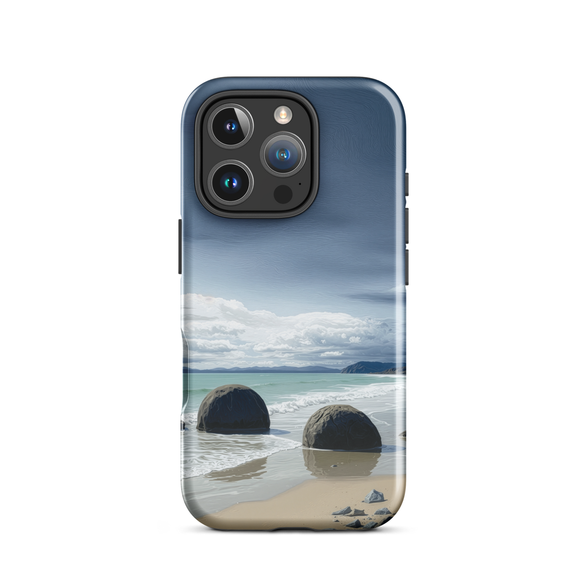 Moeraki Boulders coastal designer phone case with ocean waves and dramatic NZ sky