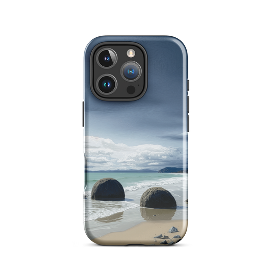 Moeraki Boulders coastal designer phone case with ocean waves and dramatic NZ sky