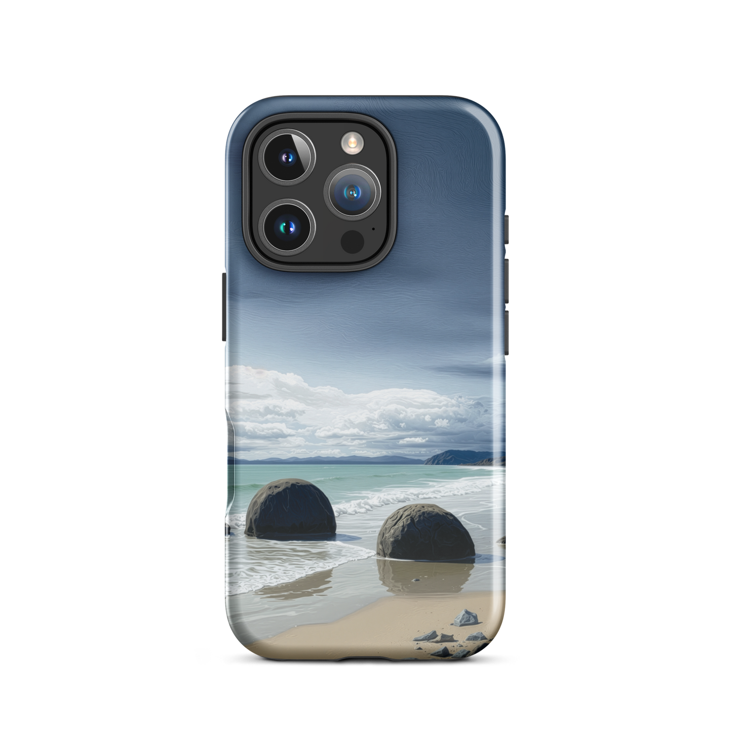 Moeraki Boulders coastal designer phone case with ocean waves and dramatic NZ sky