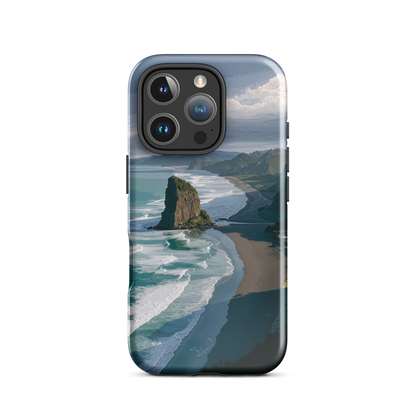 Piha Beach Lion Rock designer phone case with turquoise waves and dramatic NZ coastline