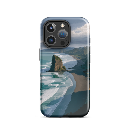 Piha Beach Lion Rock designer phone case with turquoise waves and dramatic NZ coastline