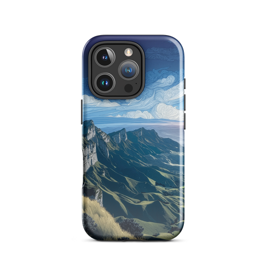Te Mata Peak designer phone case with Hawke’s Bay cliffs, rolling green hills and dramatic swirling sky