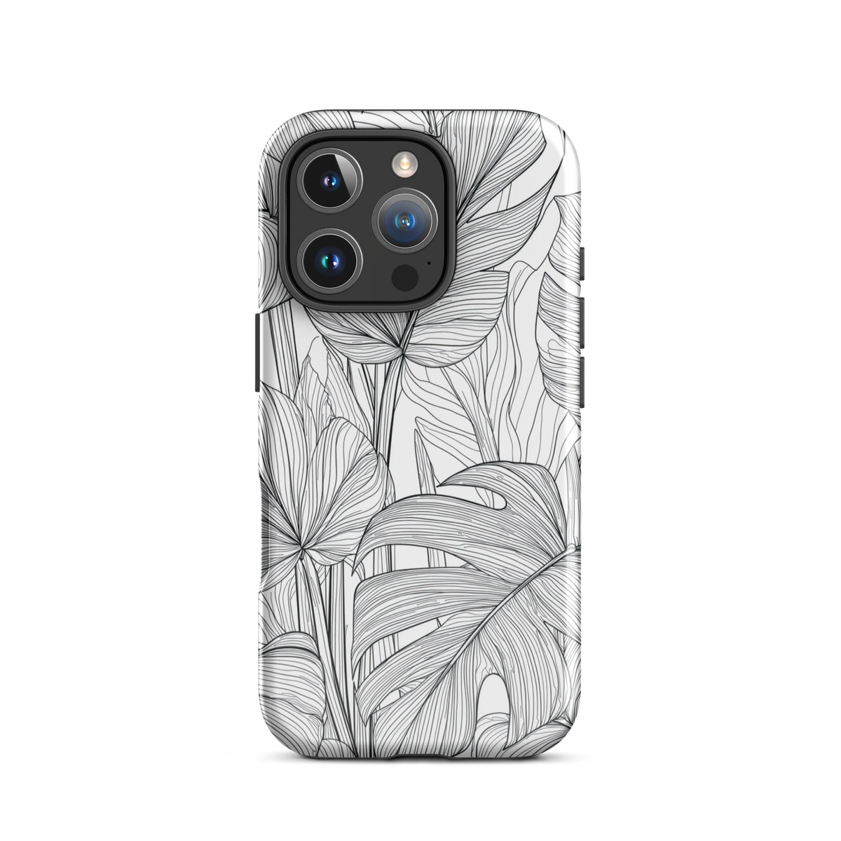 Minimal black and white tropical leaf designer phone case with detailed botanical line art