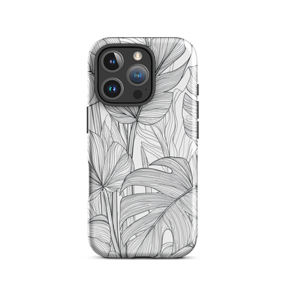 Minimal black and white tropical leaf designer phone case with detailed botanical line art