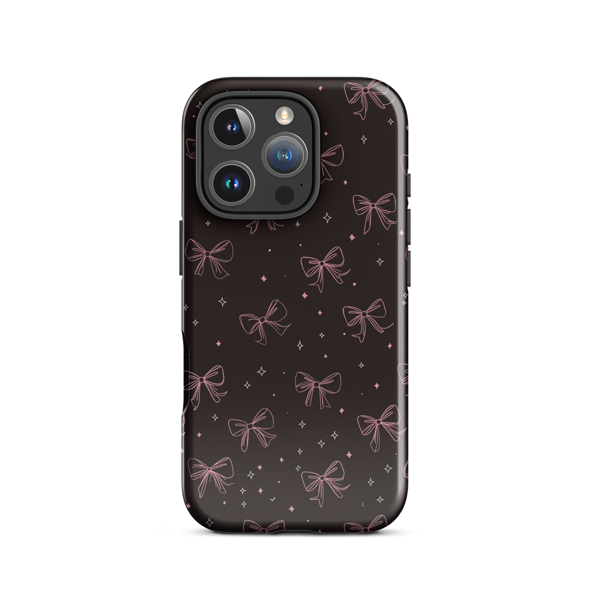Midnight Bow seamless repeat pattern — pink hand-drawn ribbon bows and sparkle stars on a black background