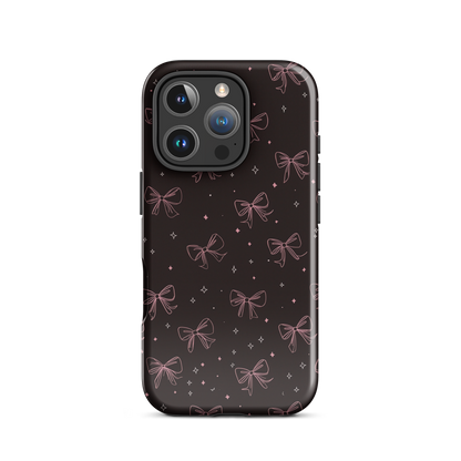 Midnight Bow seamless repeat pattern — pink hand-drawn ribbon bows and sparkle stars on a black background