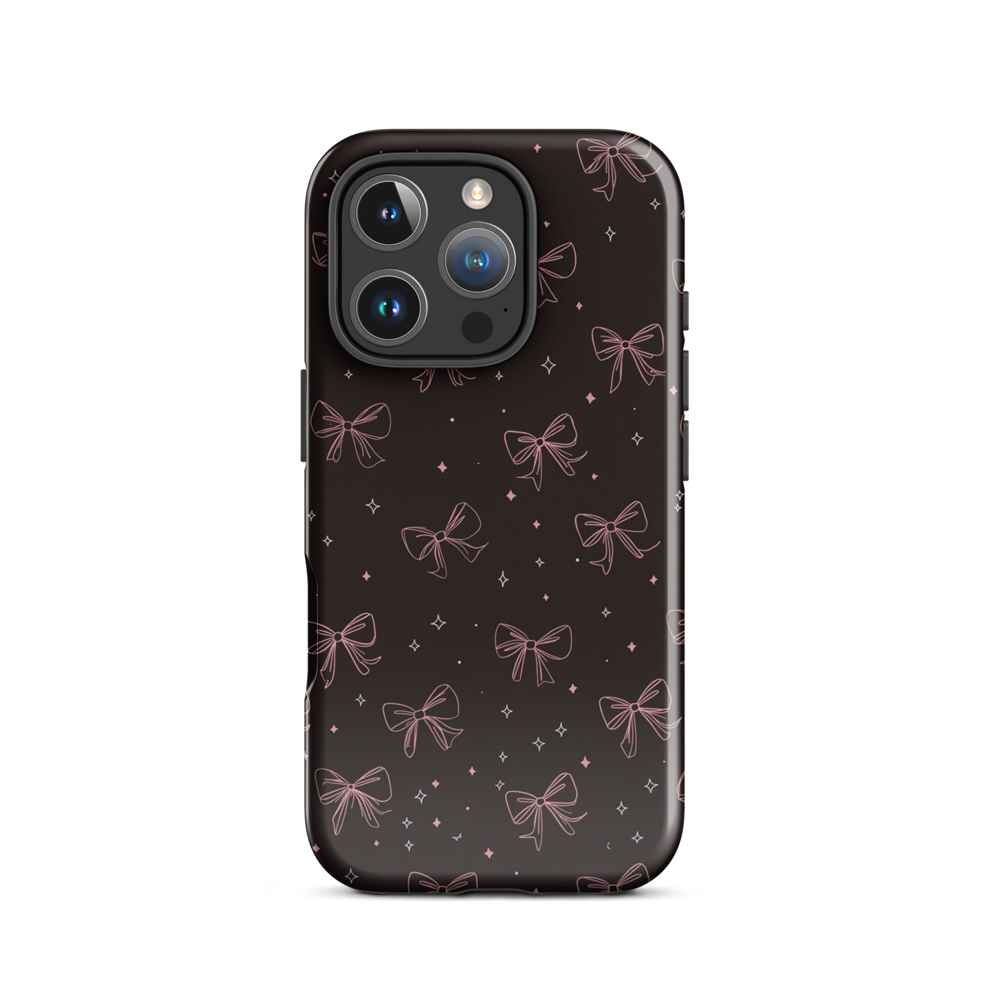 Midnight Bow seamless repeat pattern — pink hand-drawn ribbon bows and sparkle stars on a black background