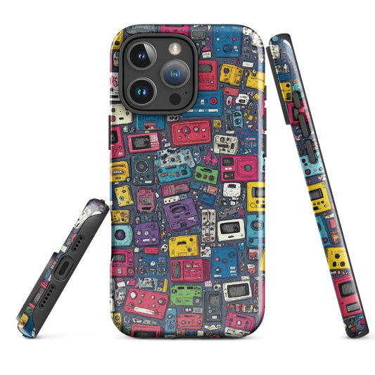 'Arcade' iPhone case, featuring a vibrant collage of hand-drawn controllers in bold, vintage-inspired colours. From electric blue and hot pink to classic black and yellow