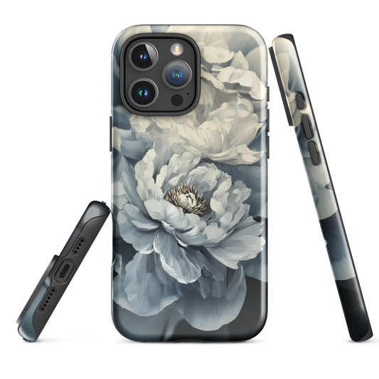 'Whisper' iPhone case features a stunning close-up of softly painted peony blooms in dreamy shades of ivory, grey, and smoky blue.