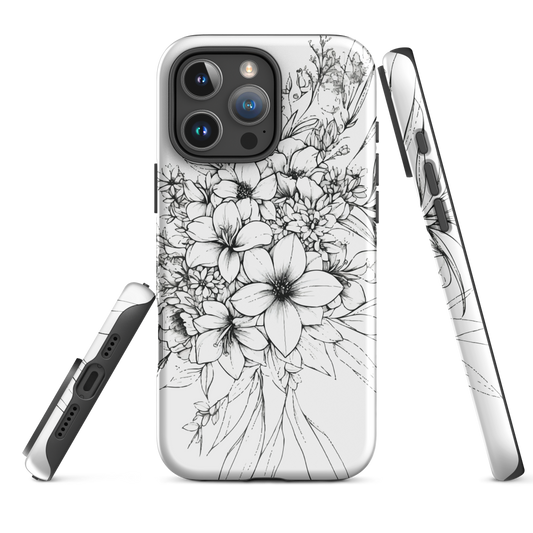 Black and white floral phone case with hand-drawn lilies and wildflowers