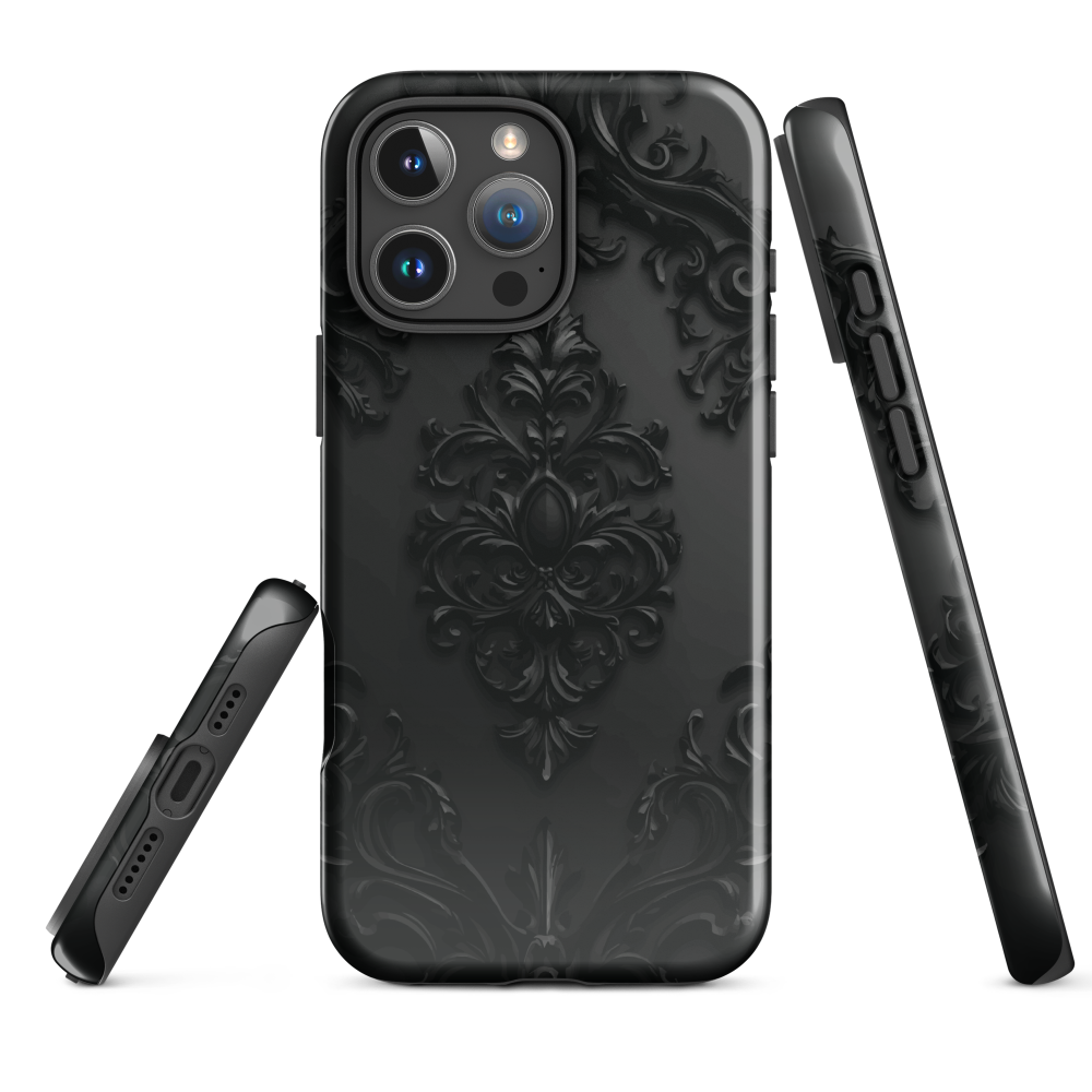 Black embossed damask phone case with gothic baroque pattern.