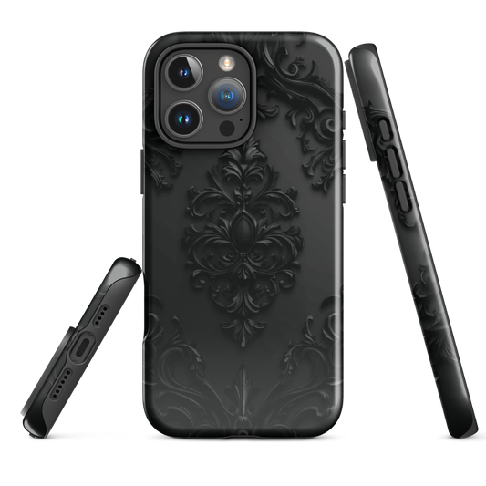 Black embossed damask phone case with gothic baroque pattern.