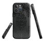 Black embossed damask phone case with gothic baroque pattern.